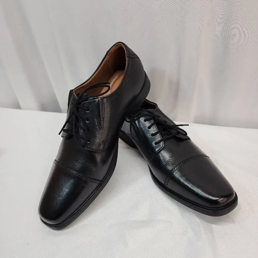 Clarks® Tilden Mens Size 10.5 W Leather Cap-Toe Dress Shoes Black